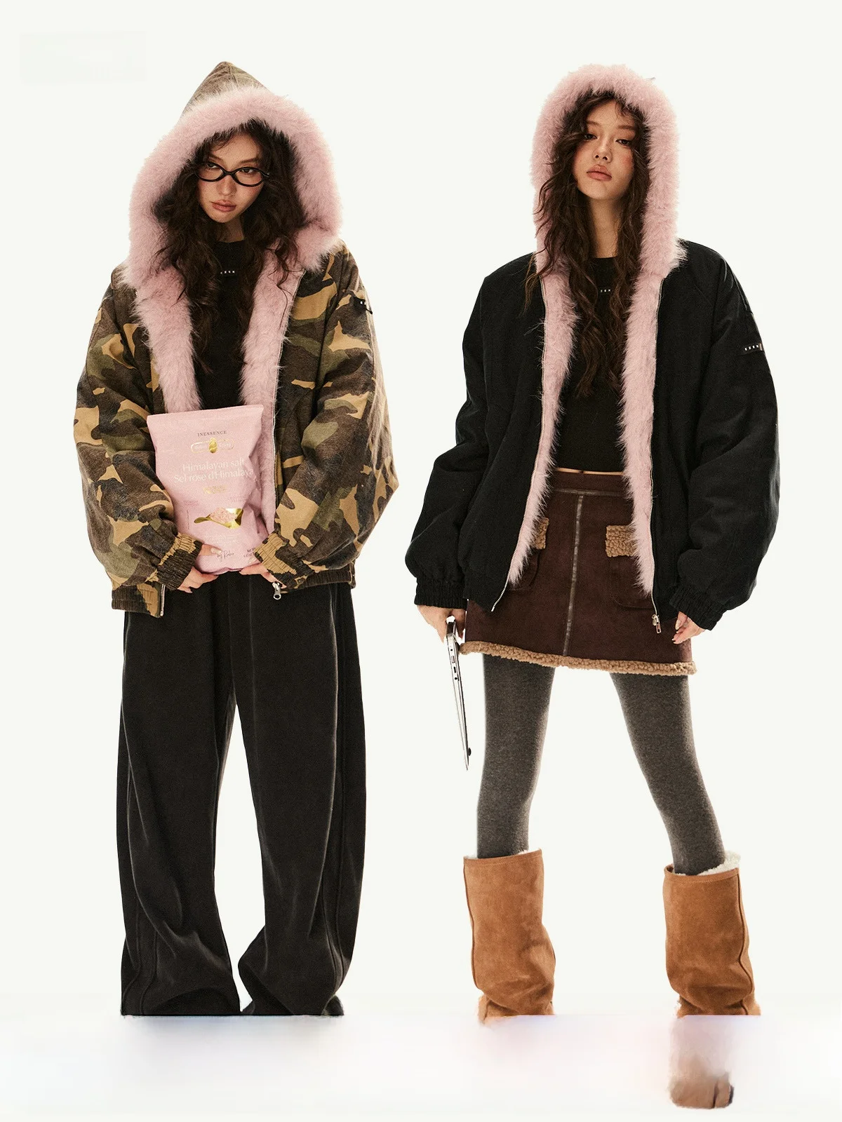 

EZEK American Retro Camouflage Fce Lined Thiened Women's Workwear Jaet Autumn Winter Coat with Hood Zipper Closure Cotton