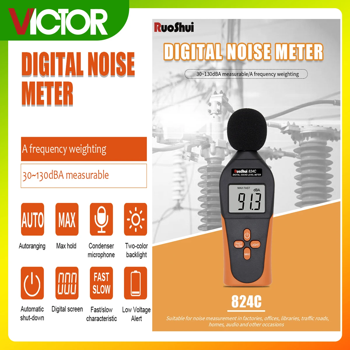 Ruoshui 824C Ruoshui 824C Digital Sound Level Meter Autorange 30-130 Dba