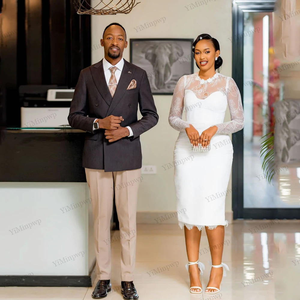 فساتين زفاف قصيرة عاجية كم كامل غمد/عمود ثوب زفاف للنساء 2026 العروس س الرقبة الدانتيل ميدي فستان عروس مخصص