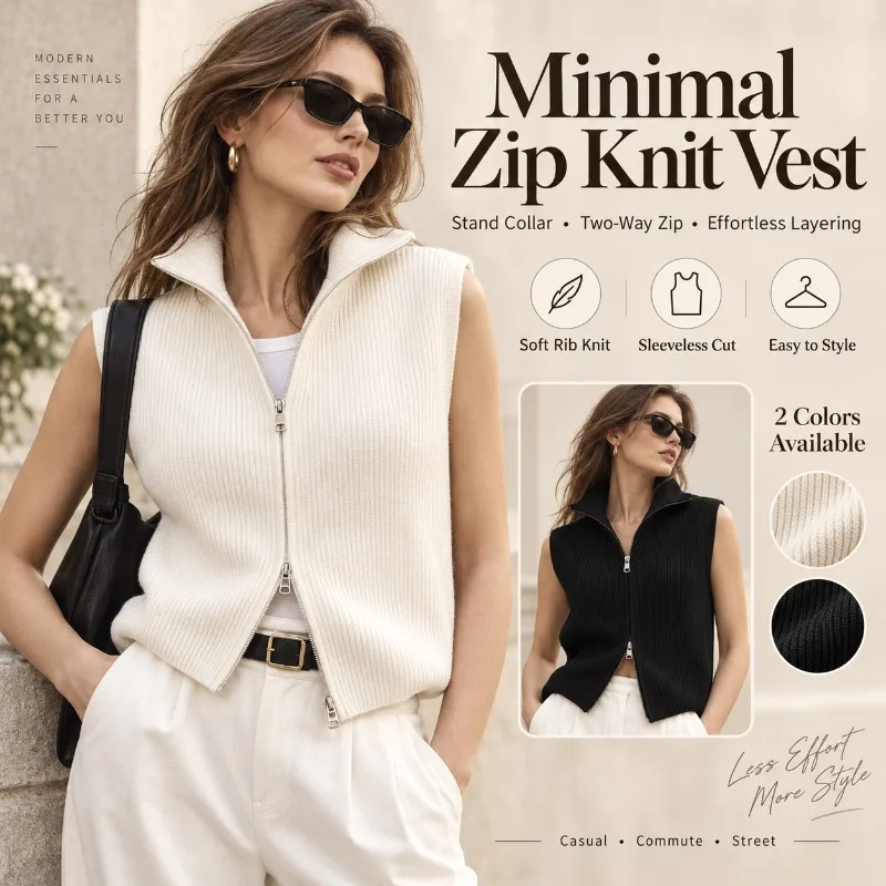 Women Stand Collar Knit Vest Sleeveless Sweater Two Way Zipper Solid Color Casual Layering Top