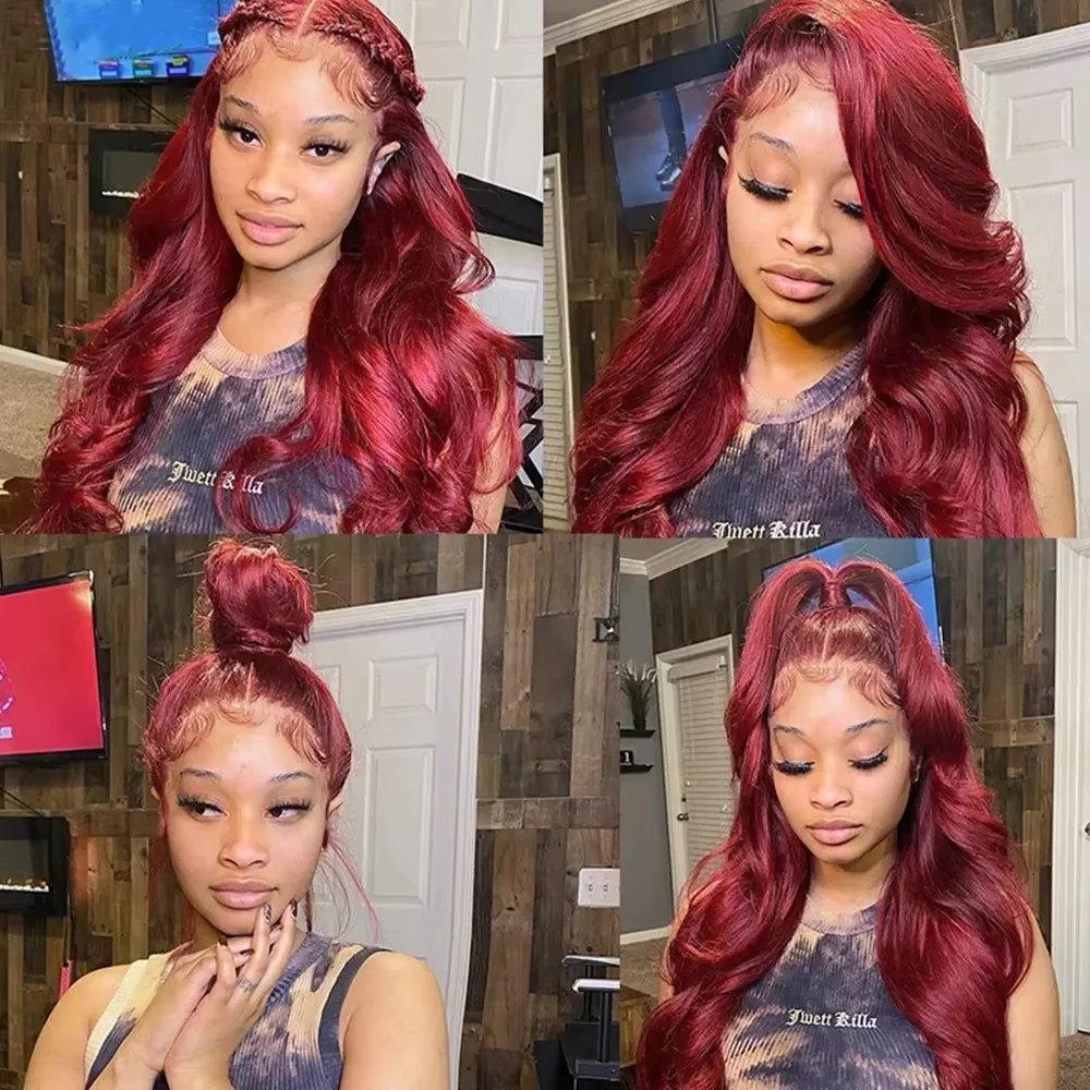 250 Density 99J Burgundy 13x6 Hd Lace Frontal Human Hair Wig Brazilian Hair 30 Inch Colored Body Wave Human Hair Wigs For Women image 5