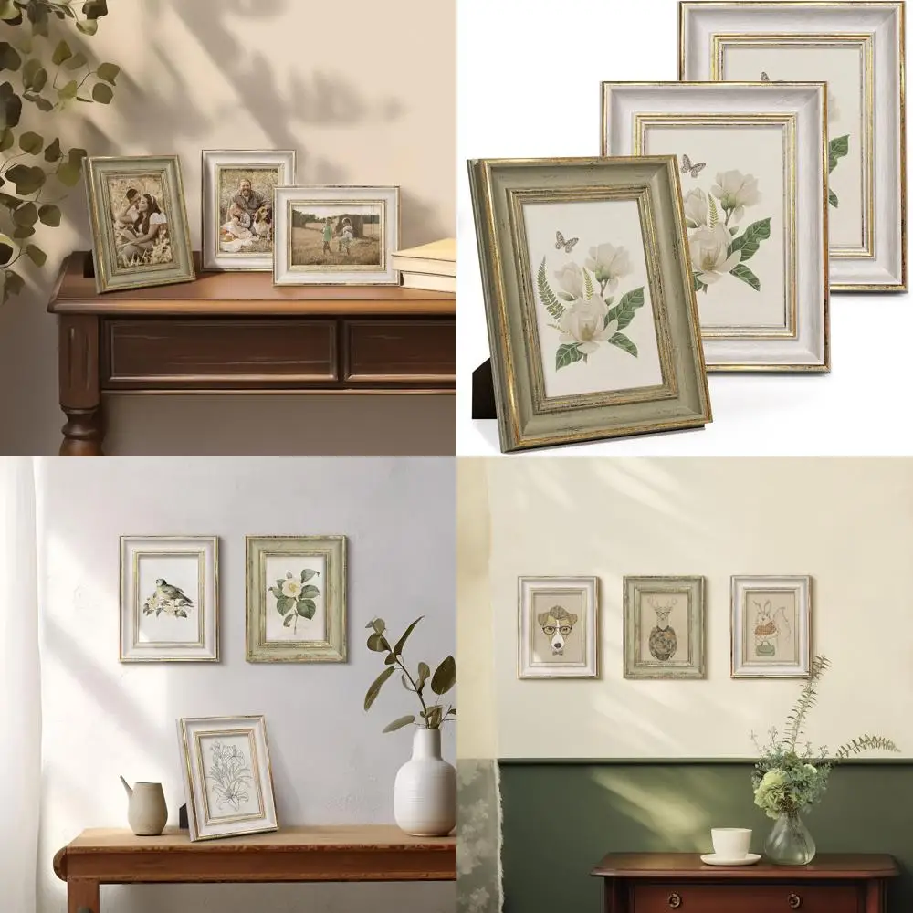 

Set of 3 Farmhouse Style 5x7 Picture Frames, Rustic Glass Wall Hanging or Tabletop, 2 White + 1 Green, Vintage Elegant Decor Gif