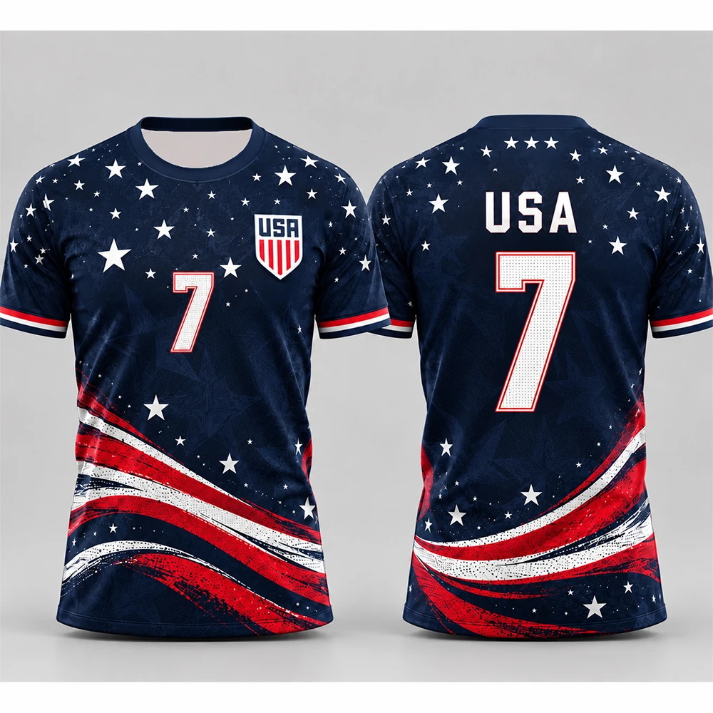 États-Unis 7 #   Maillot de football pour hommes, motif étoiles et bandes, imprimé graffiti, t-shirt de supporter à manches courtes, respirant et à séchage rapide, technique de sublimation.
