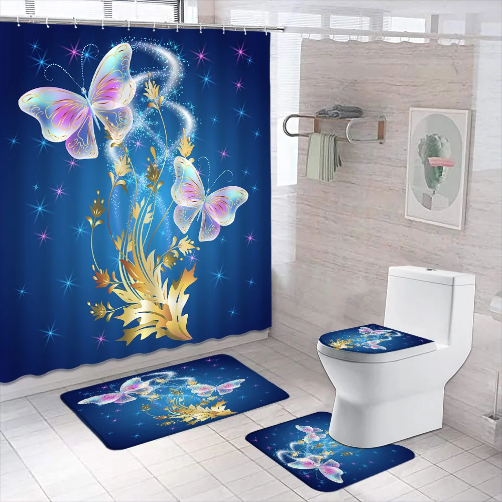 Beautiful Butterfly Shower Curtain Floor Mat Bathroom Set Colourful Printed Bath Curtains Flannel Rug Toilet Cover Bathtub Decor