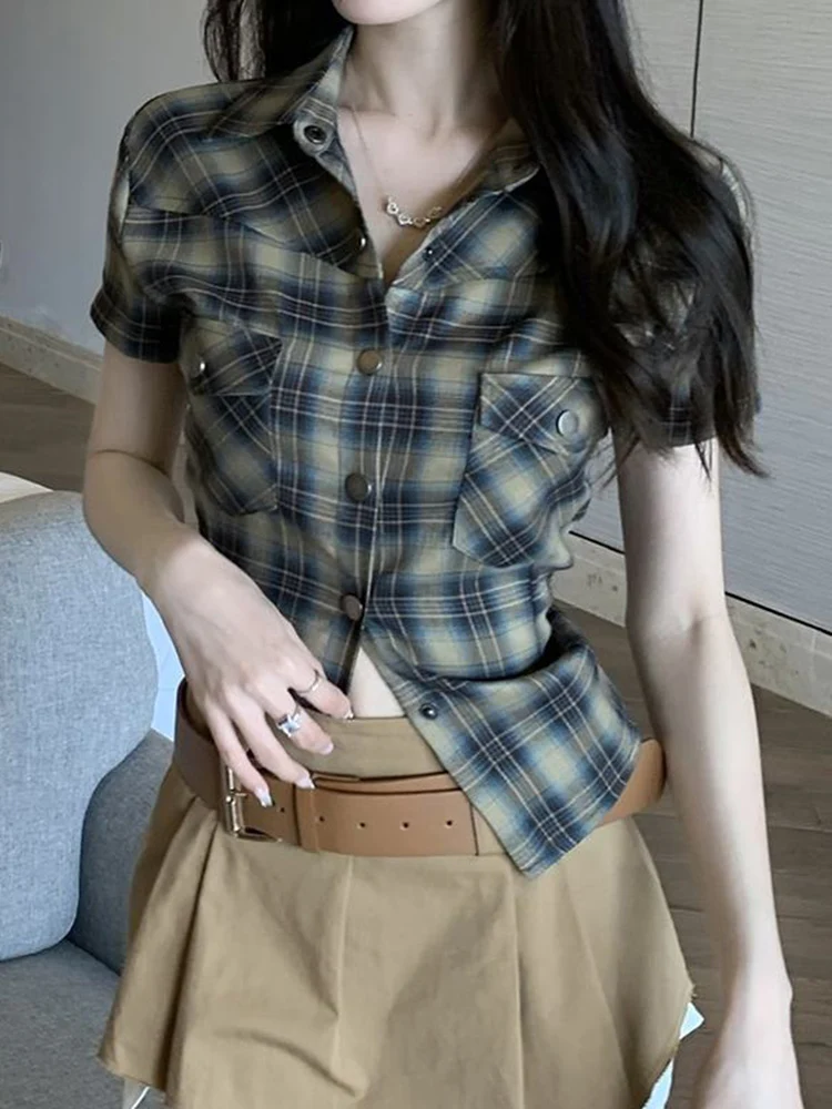 Zoki Vintage Slim Women Plaid Shirt Casual Harajuku Short Sleeve Blouse Summer Retro Korean Single Breasted Simple Lady Tops New