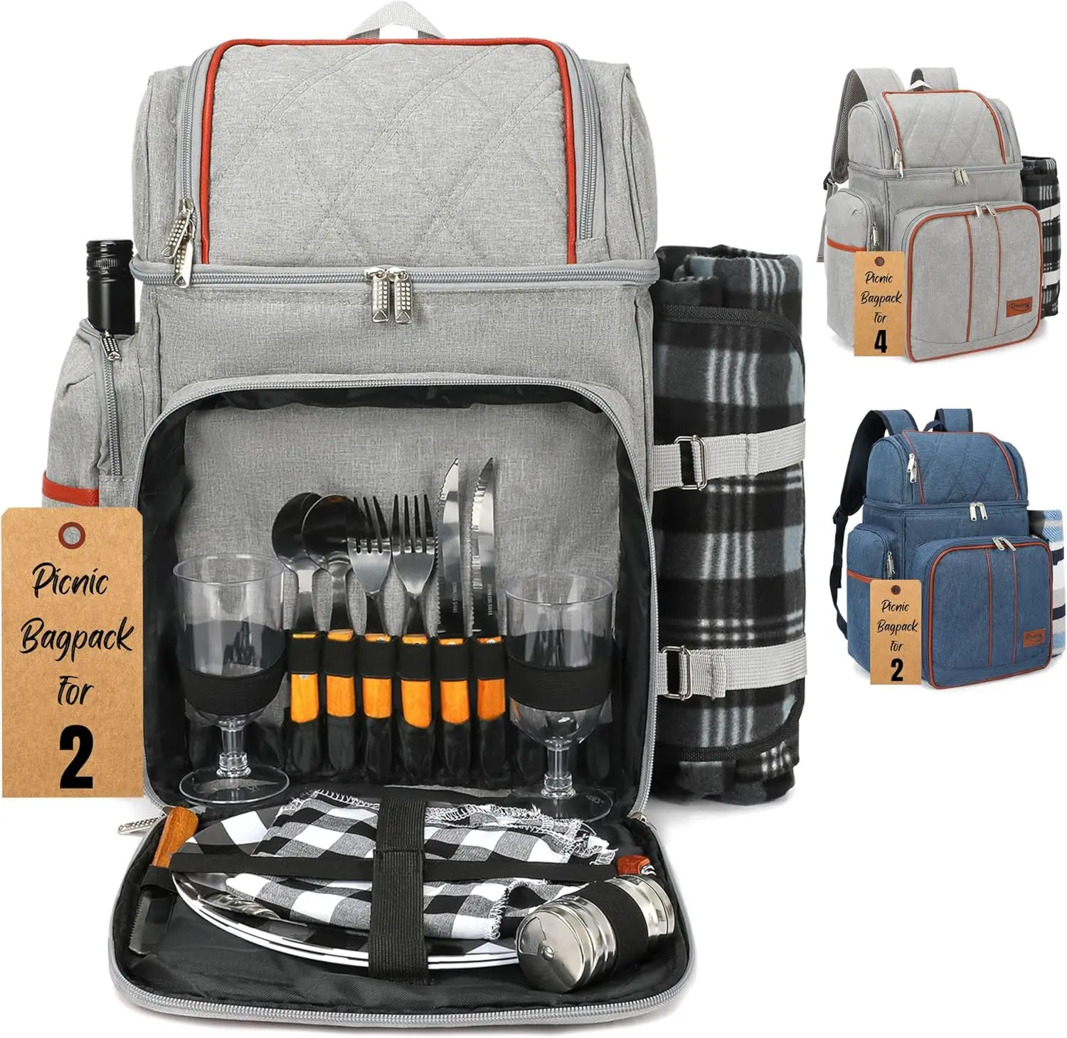 Rnoony Picnic Backpack for Camping, Picnic Basket for with Insulated Cooler Bag and Bottle Pouch,Camping Gifts for Couples with