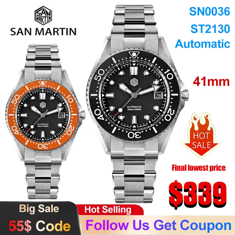 San Martin SN0036 Luxury Men Watch ST2130 Automatic Mechanical Watches Sapphire 600m Waterproof Helium Escape Valve Diver Watch