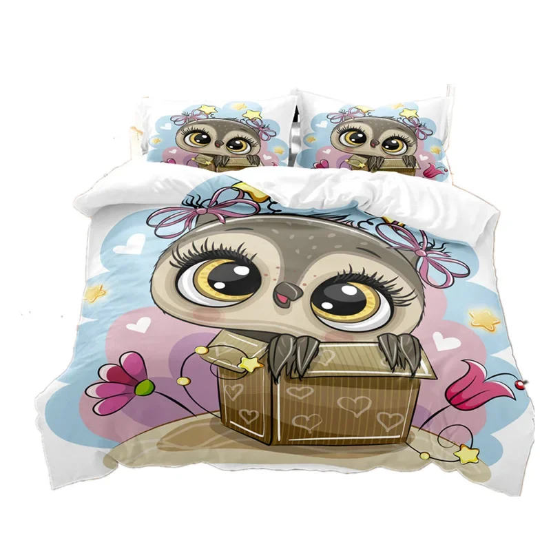 Hand Painted Owl Cartoon Bedding Set Winter Duvet Cover Wiht Pillowcover Kids,twin Full Queen King Bedroom Home Textile 150x200