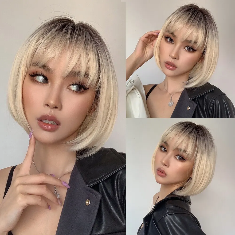 Platinum Blonde Ombre Synthetic Bob Wigs with Bangs Short Straight Natural Hair Wig for Women Daily Party Heat Resistant Fiber