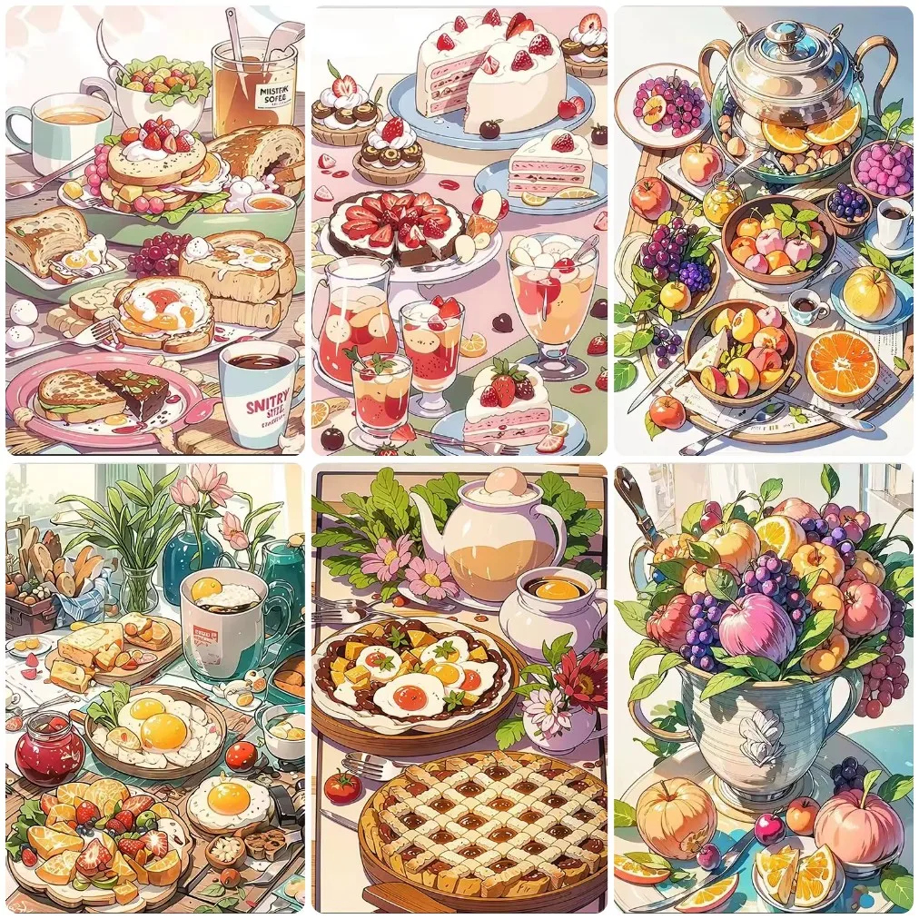 5D DIY Colorful Brunch and Dessert Diamond Painting, Sunny Breakfast Feast Cakes and Tea Series Handmade Gift Home Decoration
