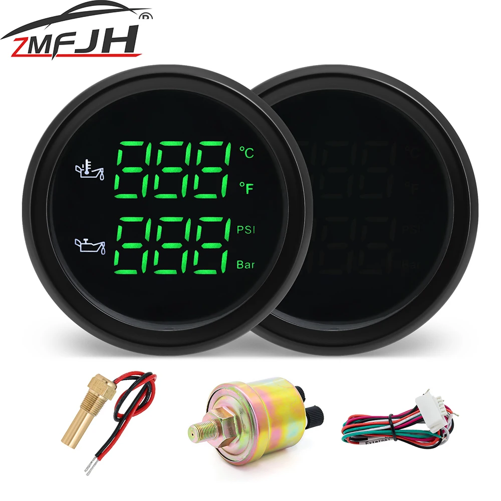 52mm 2 in 1 Gauge Oil Temp +Oil Pressure Dual LED Display With Alarm 50-150℃ Temperature 0-10BAR 0-145PSI For Marine Car Boat