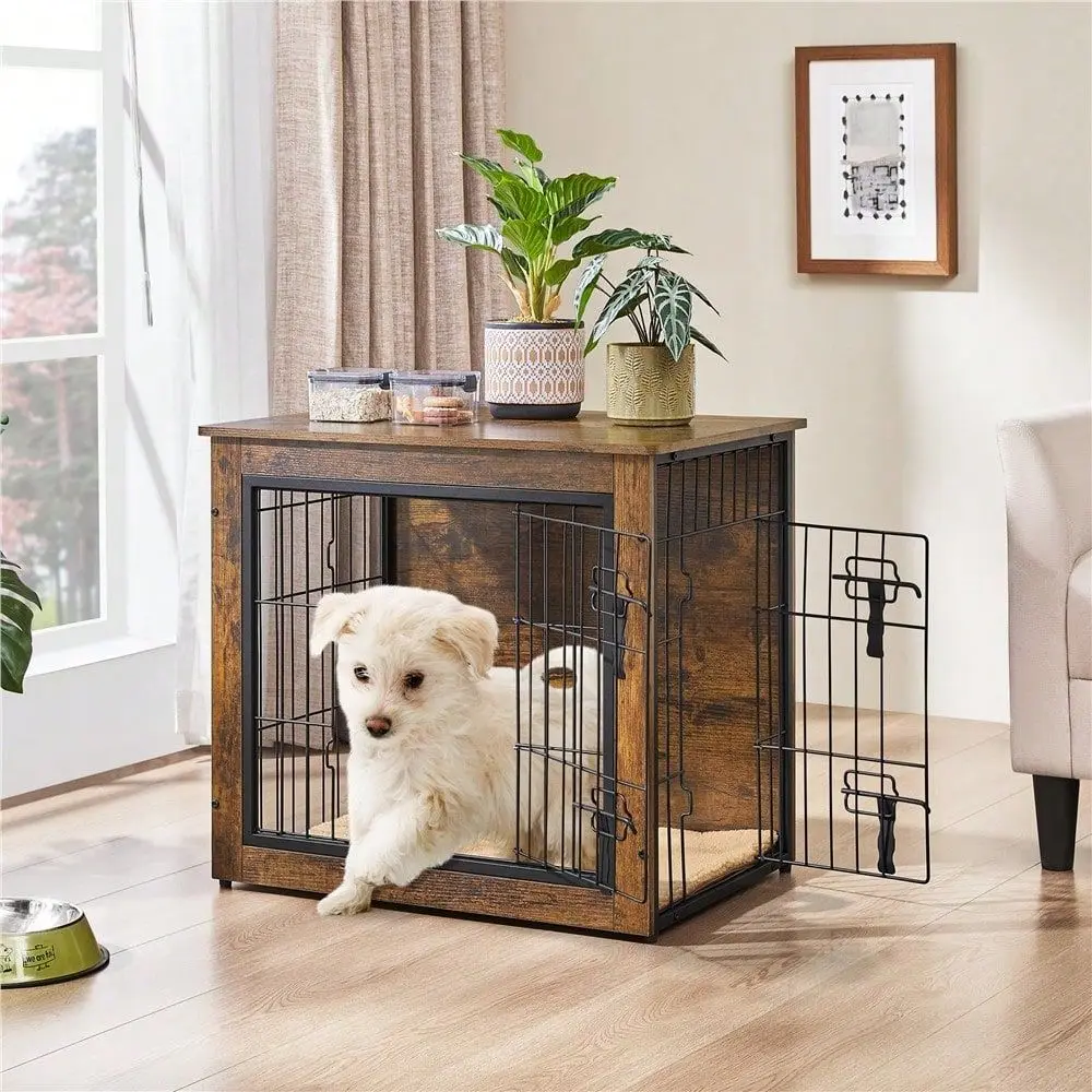 

1PC 27.5 Dog Crate Furniture For Small Dogs, Rustic Industrial Wooden Kennel With MultiFunction Design AntiSkid Plush Mat