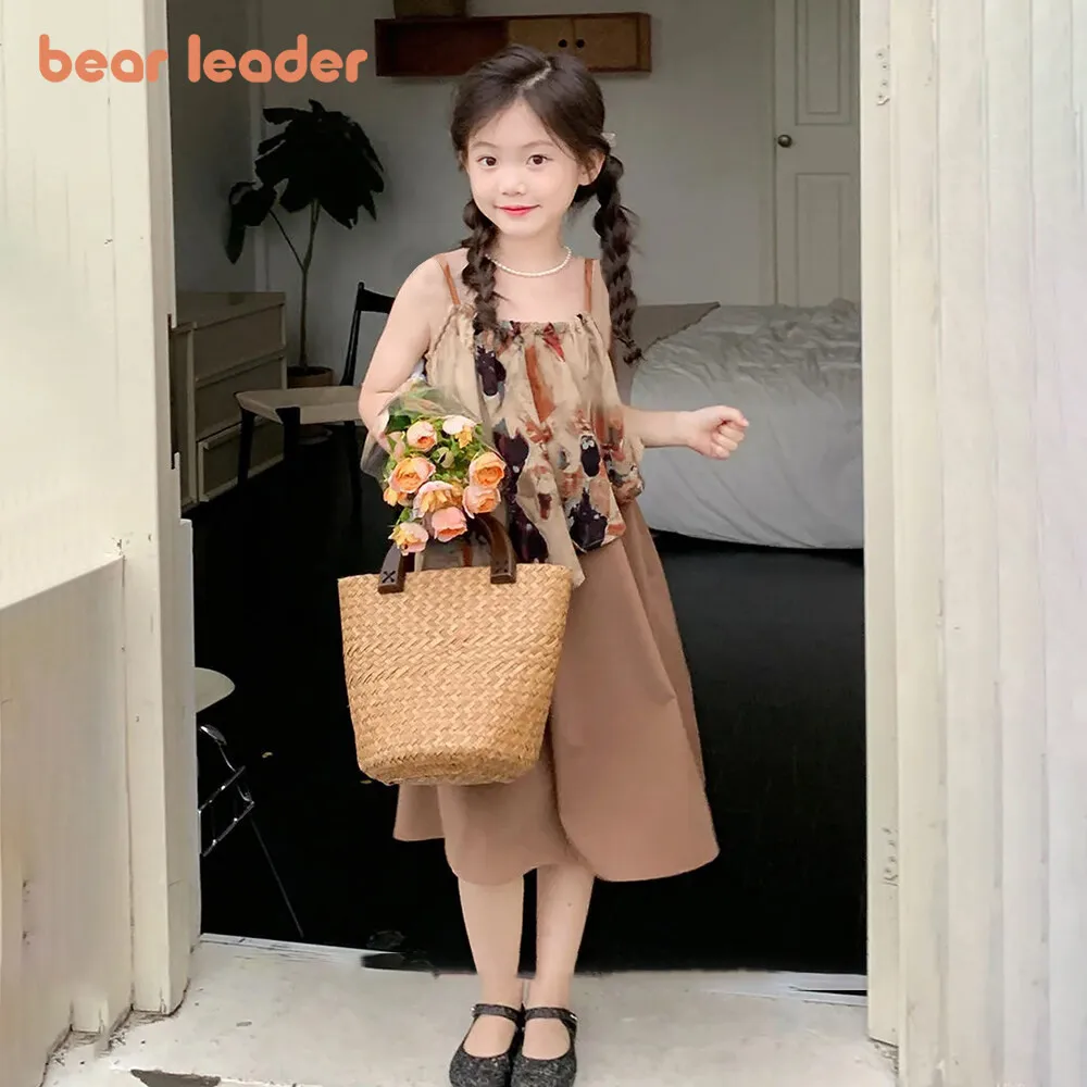 Bear Leader Summer Sling Girls Patchwork Dresses 3-7 Years Round Neck Sleeveless Print Casual Kids Clothes