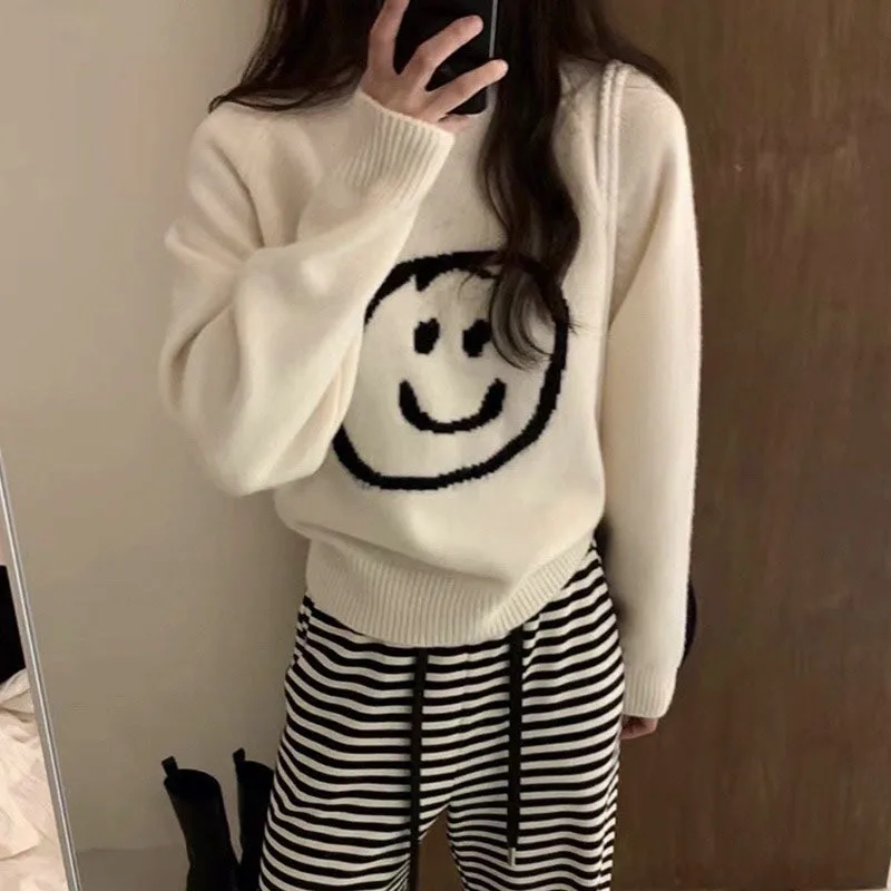 

College Style Smile Face Women's Sweater Autumn Patchwork Casual Knitted Pullover