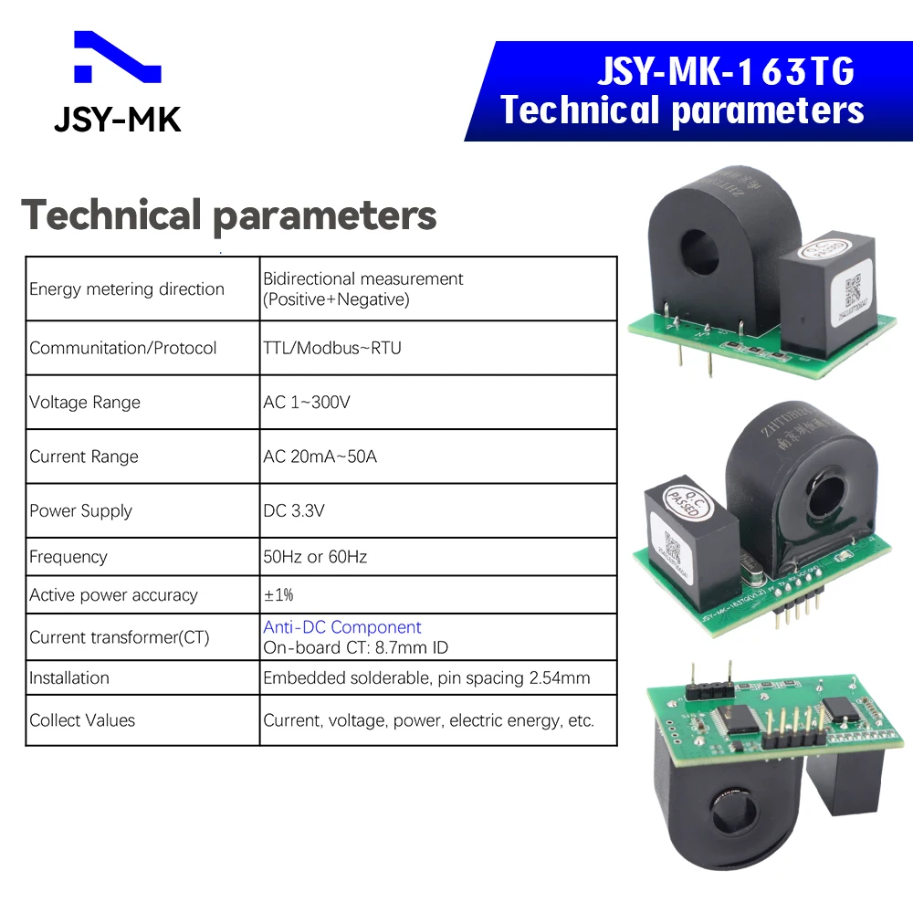 JSY-MK-163TG 50A TTL Modbus-RTU Bi-directional Single Phase Energy Metering Module With Anti-DC Component CT ±1% Accuracy