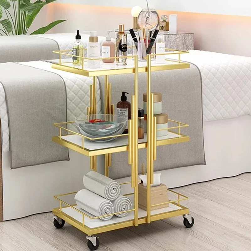 Metal Utility Hairdressing Trolley Golden Professional Rolling Beauty Salon Trolley Aesthetic Werkzeugwagen Spa Furniture MQ50TC