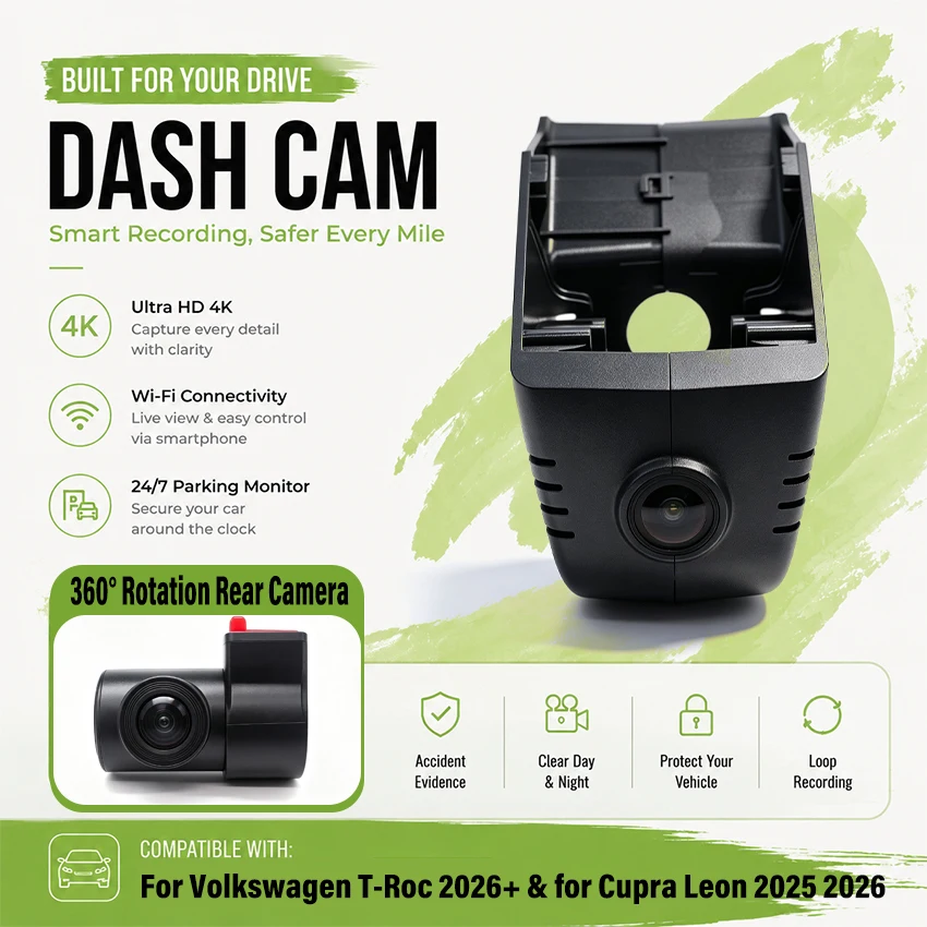 New! UHD 4K 2160P Dash Cam for Volkswagen T-Roc 2026+, Plug and Play Dashcam Camera Wifi Car DVR for Cupra Leon 2025 2026