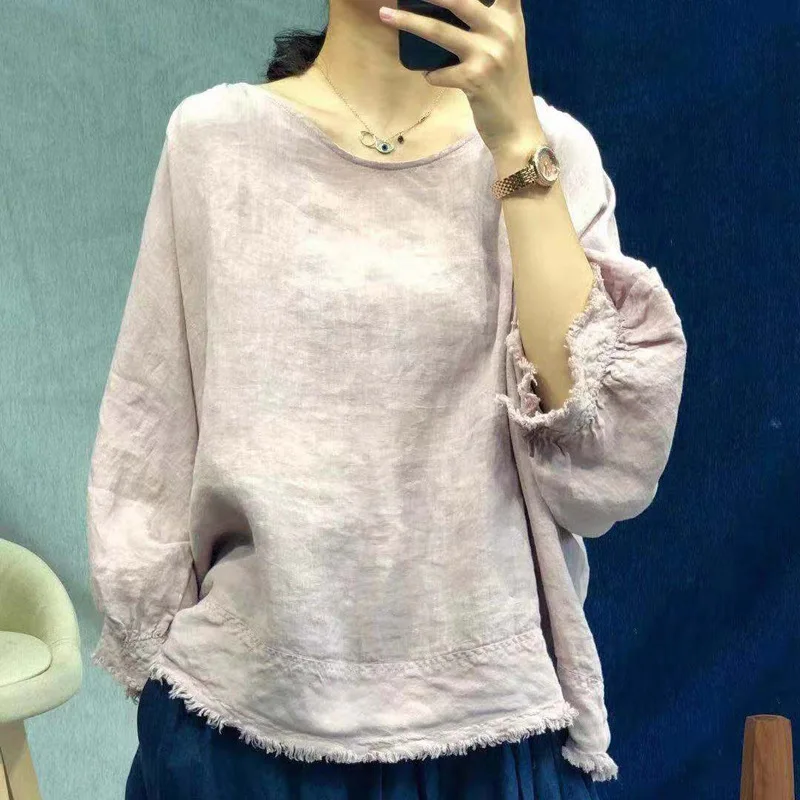 

Johnature Summer New Solid Color Tassel Vintage Linen Women Tops 2024 New Casual O-neck Batwing Loose 2 Colors Female T-Shirts