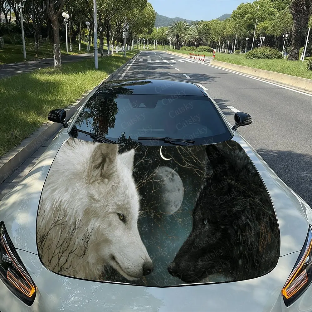Two Wolves Moonlight Pattern PVC Car Hood Wraps, Self-Adhesive Waterproof Car Bonnet Decal Sticker, Car Decoration Protection St