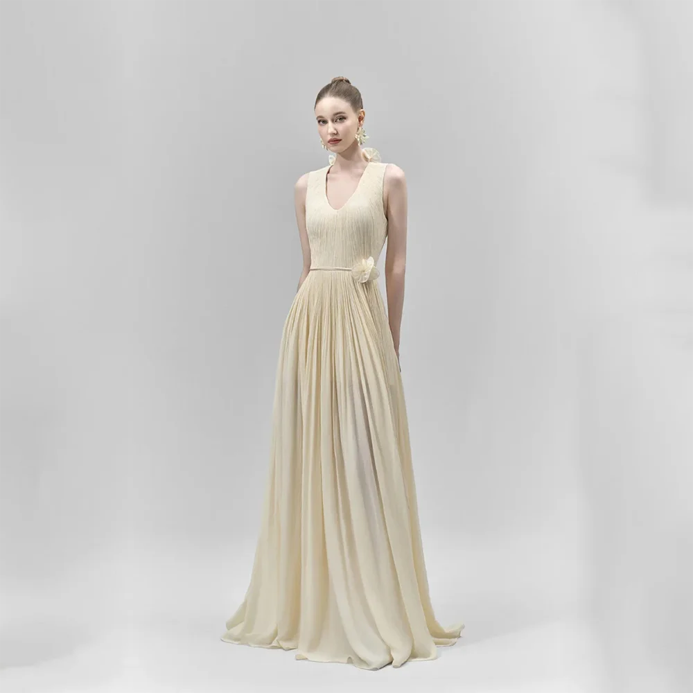 

Simple Evening Dresses with Flower Decosation Scoop Neck Sleeveless Prom Gwons Customized Pleat A-line Floor Lenght Party Dress