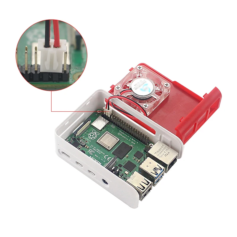 Raspberry pi 4 abs caso, escudo plástico vermelho e branco, suporte 40x40 ventilador de refrigeração com led azul