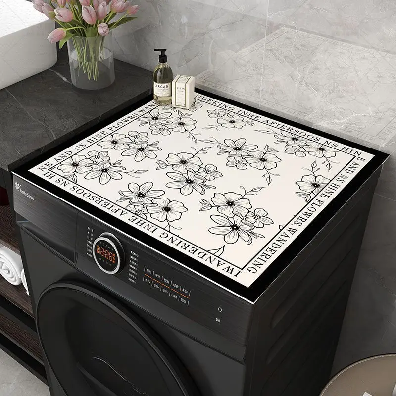VIKAMA Beige Black Sketch Flower Text Border Washing Machine Top Mat Wandering In The Flowers Line Art Absorbent Dustproof Soft