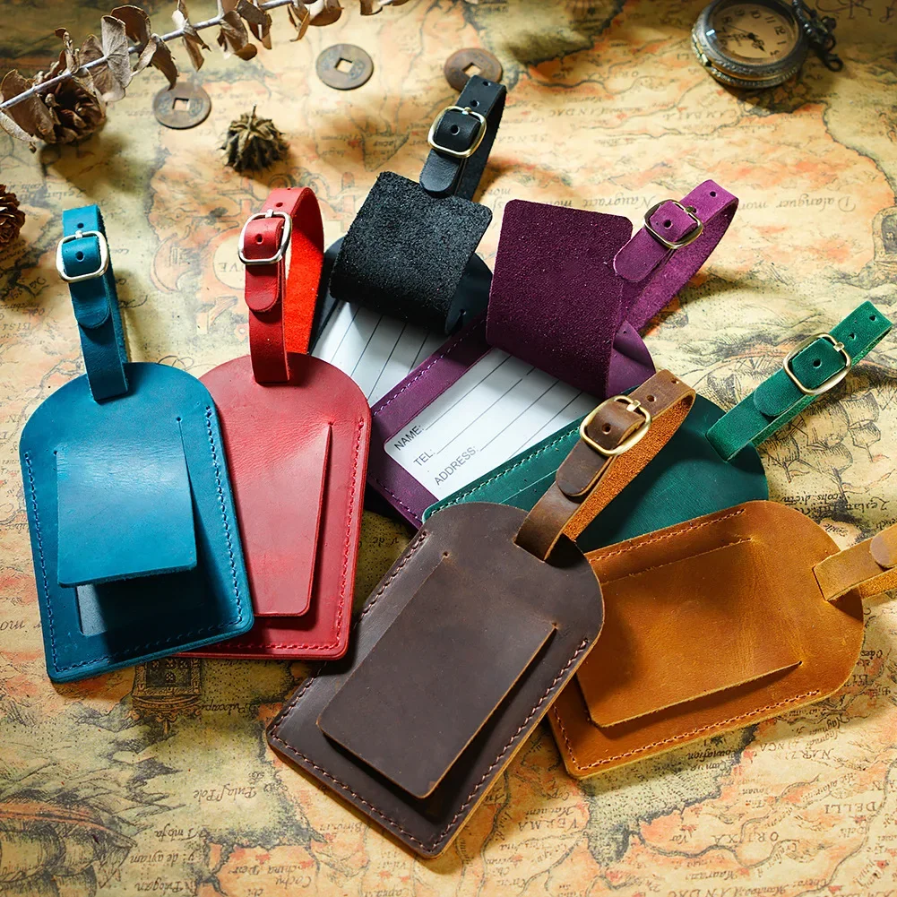 Genuine Leather Luggage Tag Suitcase Identifier Label Baggage Boarding Bag Tag Name ID Address Holder Travel Accessories 1PC