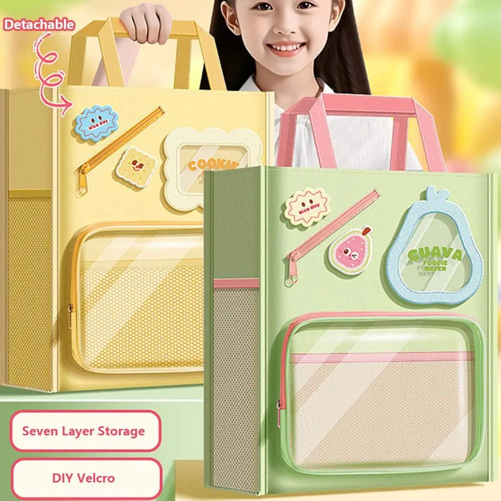 Cartoon Seven Layers Canvas Handbag Portable Multifunctional Books Bag Large Capacity Tutoring Bag Students