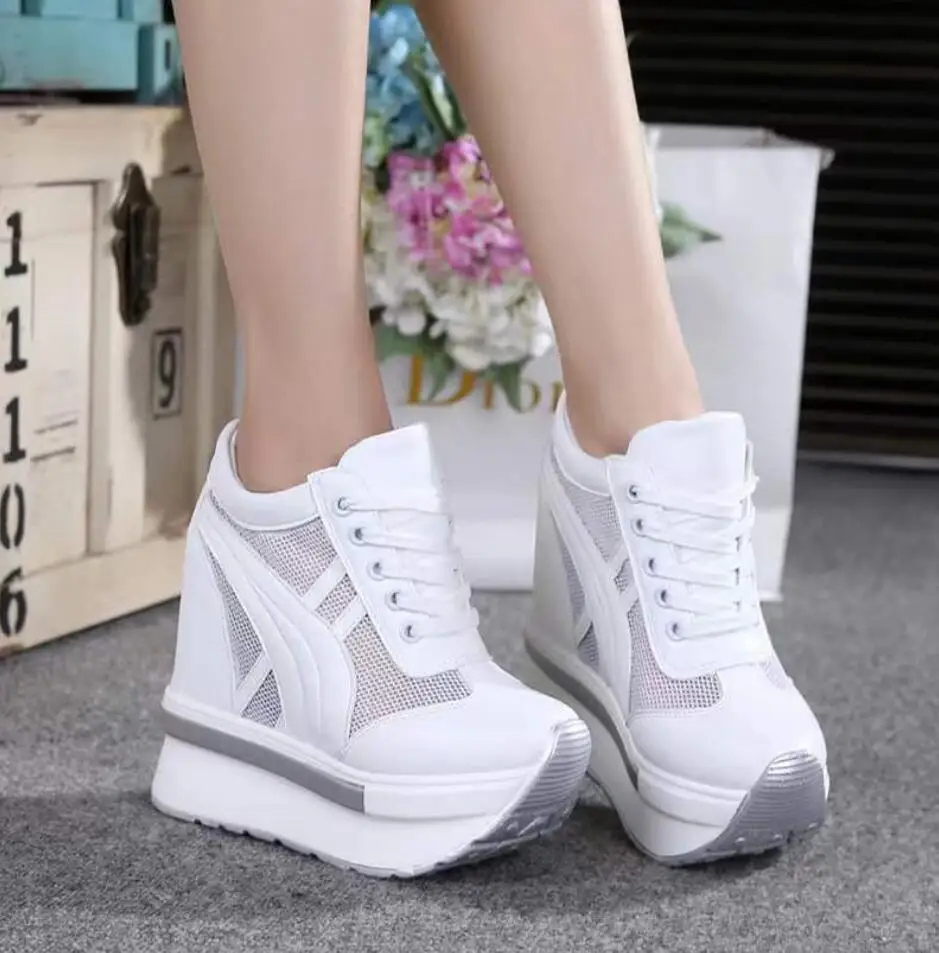 2024 New Classic Women Mesh Platform Sneakers White Shoes 10CM High Heel Wedges Outdoor Breathable Internal Increase Casual Shoe