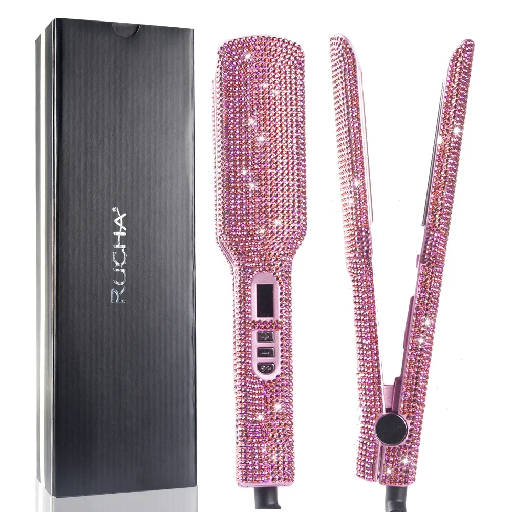 Professional Hair Straightener Rhinestone Flat Iron Titanium Dual Voltage 2 Inch LCD Display Hair Tools for Styling