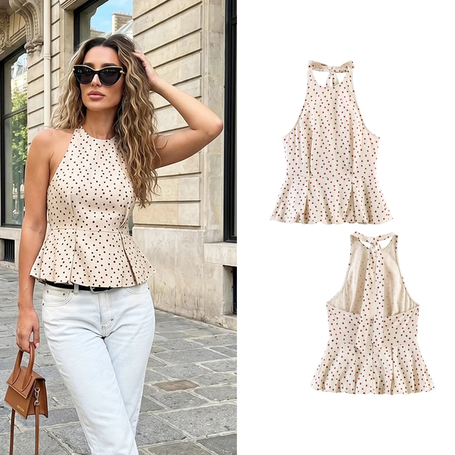 Damen Sexy Rückenfreies Polka-Dot Neckholder-Top Sommer-Oberteil mit Ballon-Saum Schickes Damen-Unterhemd