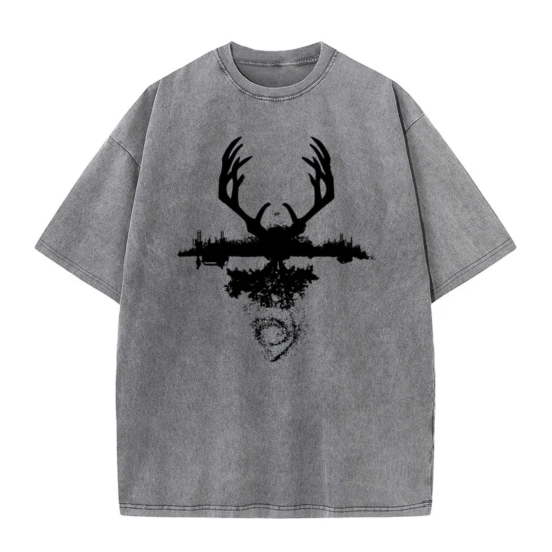 

Mens Family Tees Round Collar Thanksgiving Day 100% Cotton Washed T-shirts Hip hop Short Sleeve Elk City Forest Washed Tops Tees