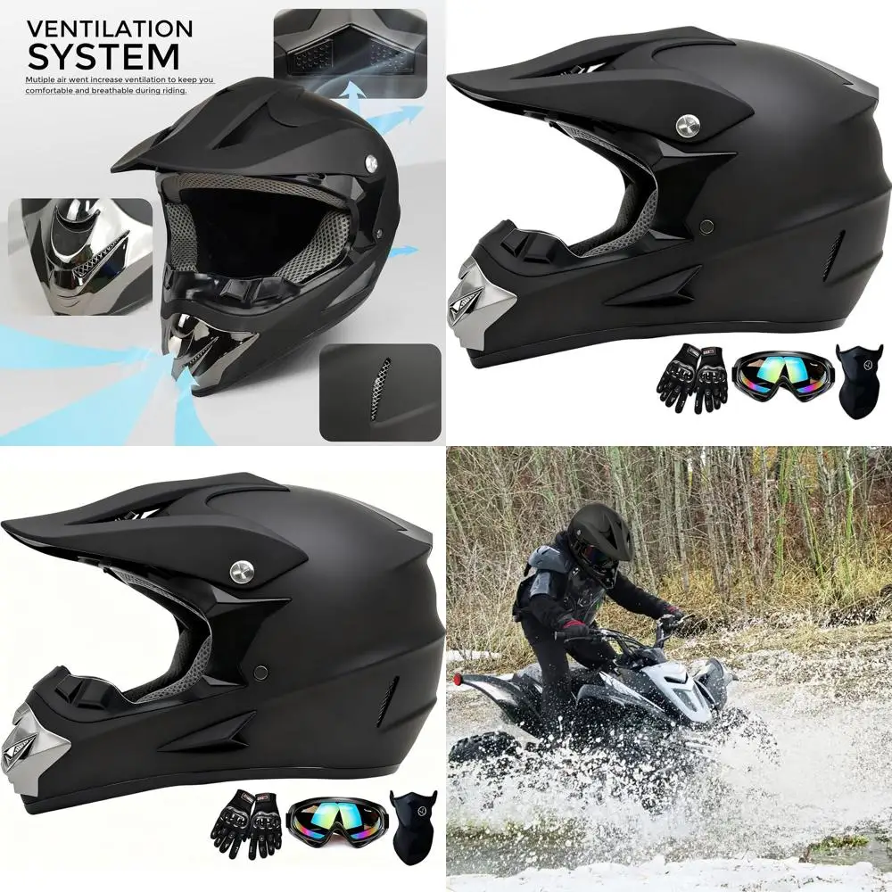 

Молодежный велосипедный шлем для квадроцикла, сертифицированный DOT, с перчатками, очками и маской — набор из 4 предметов (черный, средний)