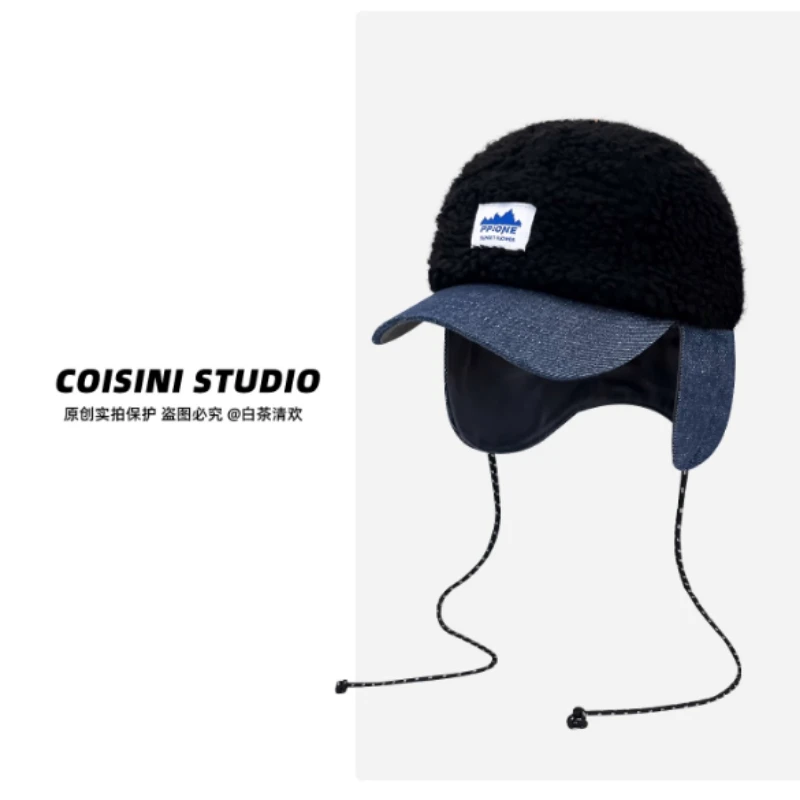 2025 جديد الدنيم تقسم الحملان الصوف تحلق قبعة للرجال والنساء الخريف والشتاء في الهواء الطلق الدافئة سدادات حماية الأذن الدانتيل متابعة منفذها القبعات #4