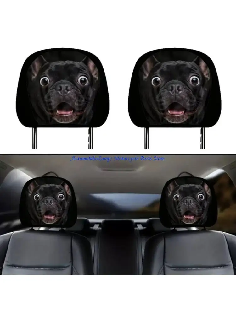 H7BD 2 Pieces Funny Shocked Pug Car Headrest Covers with Soft Polyester Fabric Humorous Pug Perfect for Any Vehicle Interior