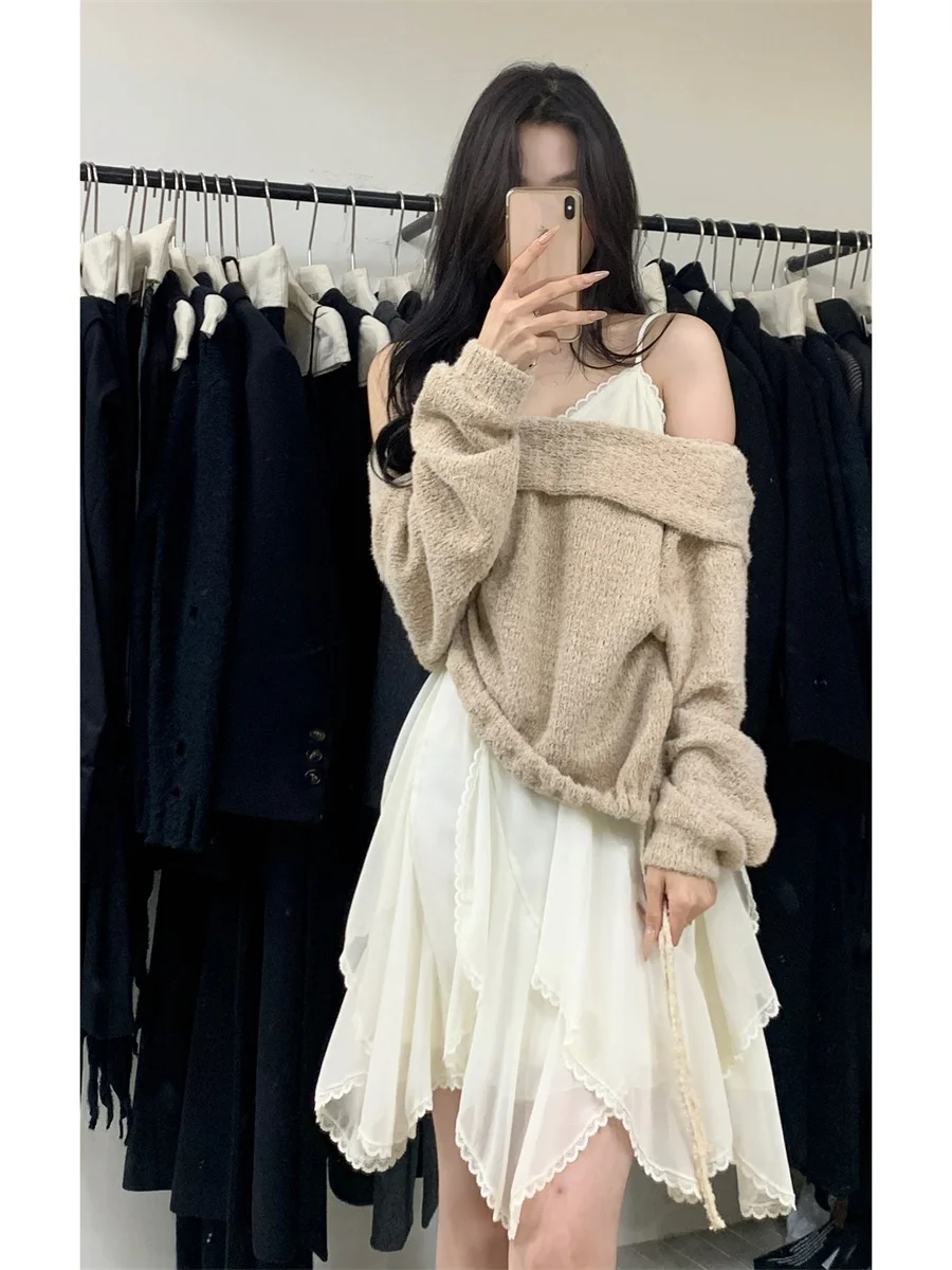 

Дизайнерский вязаный свитер-худи с одним открытым плечом для женщин, осенне-зимняя новинка, свободный крой, длинный рукав, милый стиль