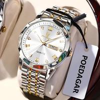 POEDAGAR Luxury Original Men Clock Waterproof Luminous Date Week Business Man Watch Stainless Steel Quartz Fashion Men's Watches