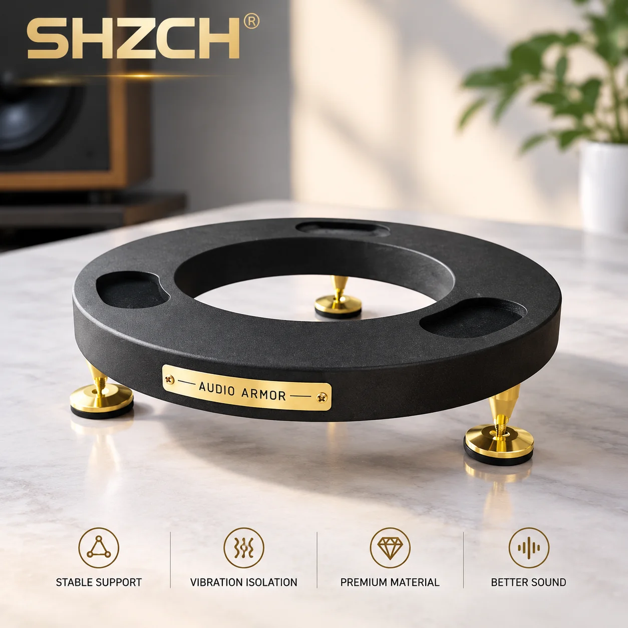 Solid Wood Speaker Stand for Harman SoundSticks Black Acoustic Isolation Pads Vibration-Damping Desktop Riser, Storage Stand