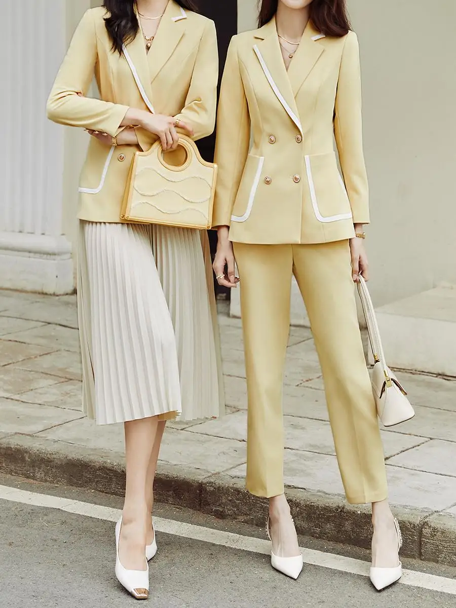 

Желтый деловой костюм для женщин: профессиональный комплект с длинным рукавом, высококачественный полиэстер, для офиса, на пуговицах