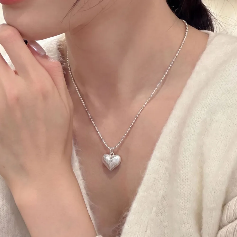 PANJBJ 925 Sterling Silver Love Heart Ring for Women Matte Texture Bead Chain Sweet Romantic Jewelry Party Gift Dropshipping
