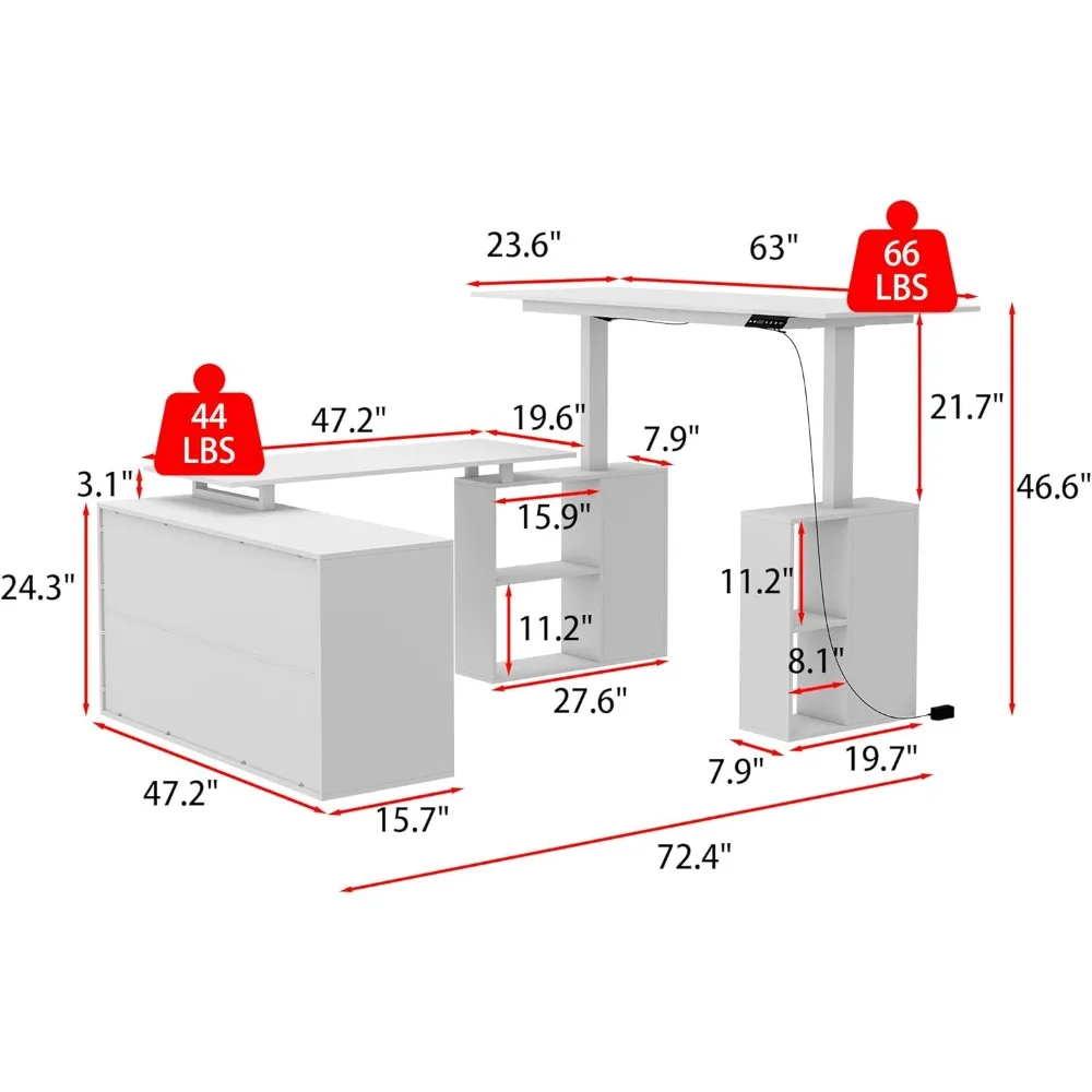 Electric Height Adjustable Standing Desk with Storage Cabinet, U-Shaped Computer Desk ,White