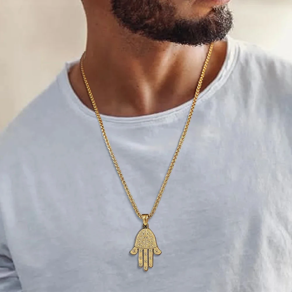 Stylish Hamsa Hand Pendant Necklaces for Men Gold Color Titanium Steel Hip Hop Rock Luck Amulet Islam Jewelry Male Gifts