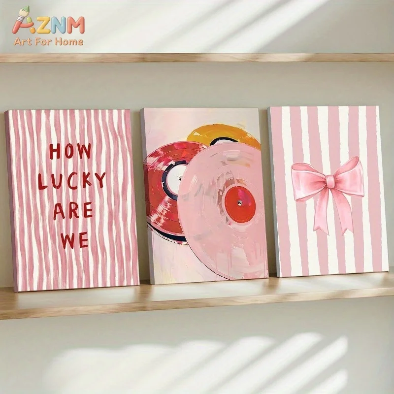 AZNM Pink Aesthetic Canvas Wall Art, Retro Vinyl Record Bow Print Poster, How Lucky Are We Quote Unframed Single Canvas Painting