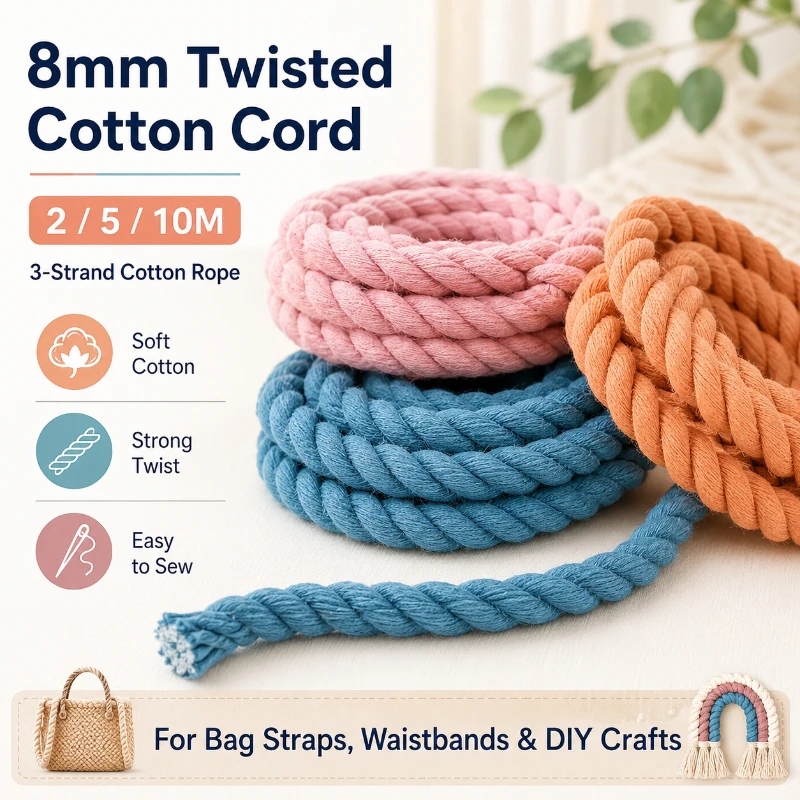 

2/5/10M 8mm 3 Shares Twisted Cotton Cords Shoulder Bag Strap Waistband Cord Knapsack Gift Box Braided Rope Sewing Accessories