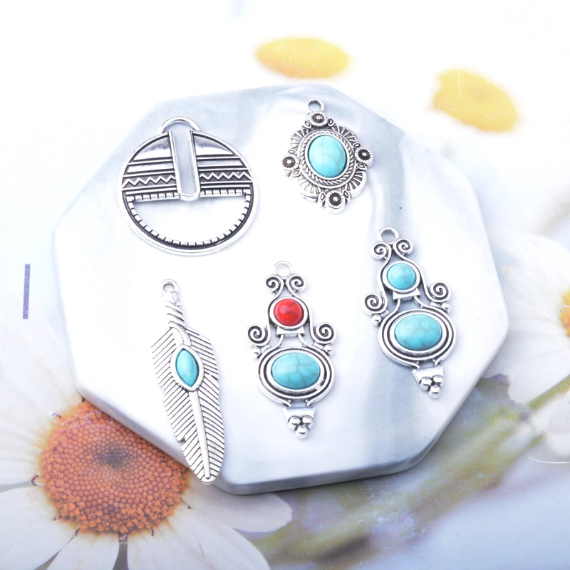 10 Stück Antik-Silberfarbene Feder-Legierung mit Imitations-Türkisstein Acryl-Ohrringe Charms Schmuck Ohrringe Anhänger – Detail 3