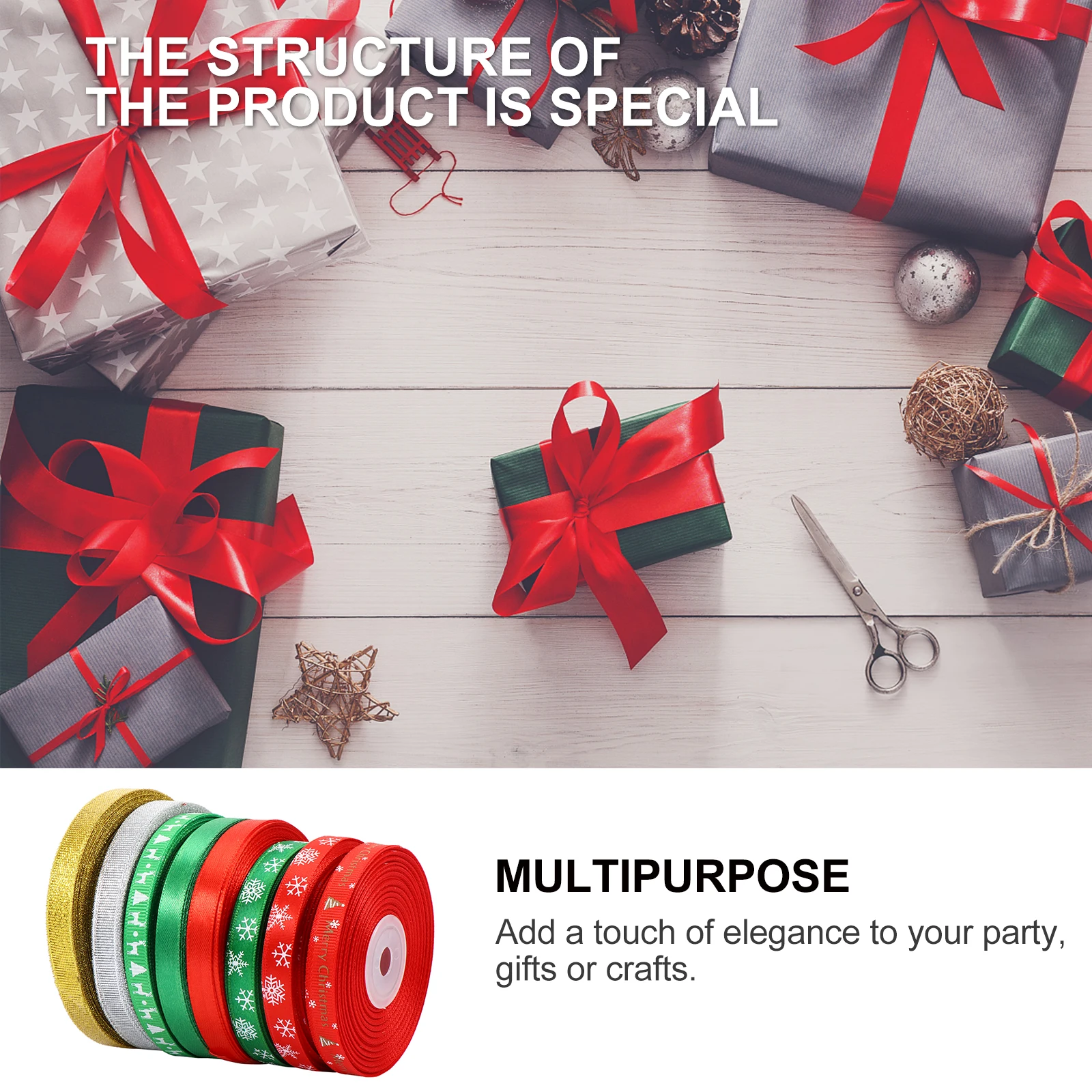 

8 Rolls Ribbon Christmas Decoration Holiday Wired Decorate Ribbons Crafts Snowflake