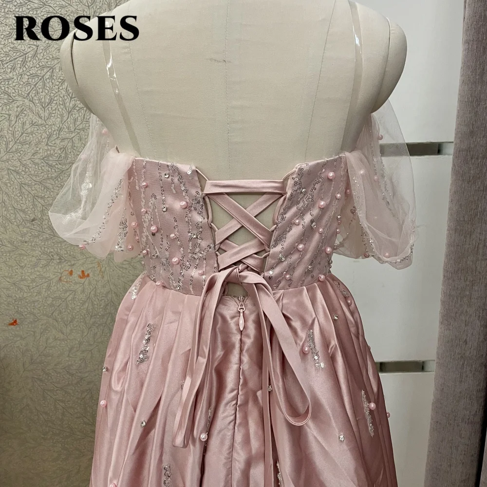 ROSES Pink Elegant Off The Shoulder Evening Dresses for Woman Shiny Sequins Prom Dress with Pearl Sexy Lace High Slit Ball Gown
