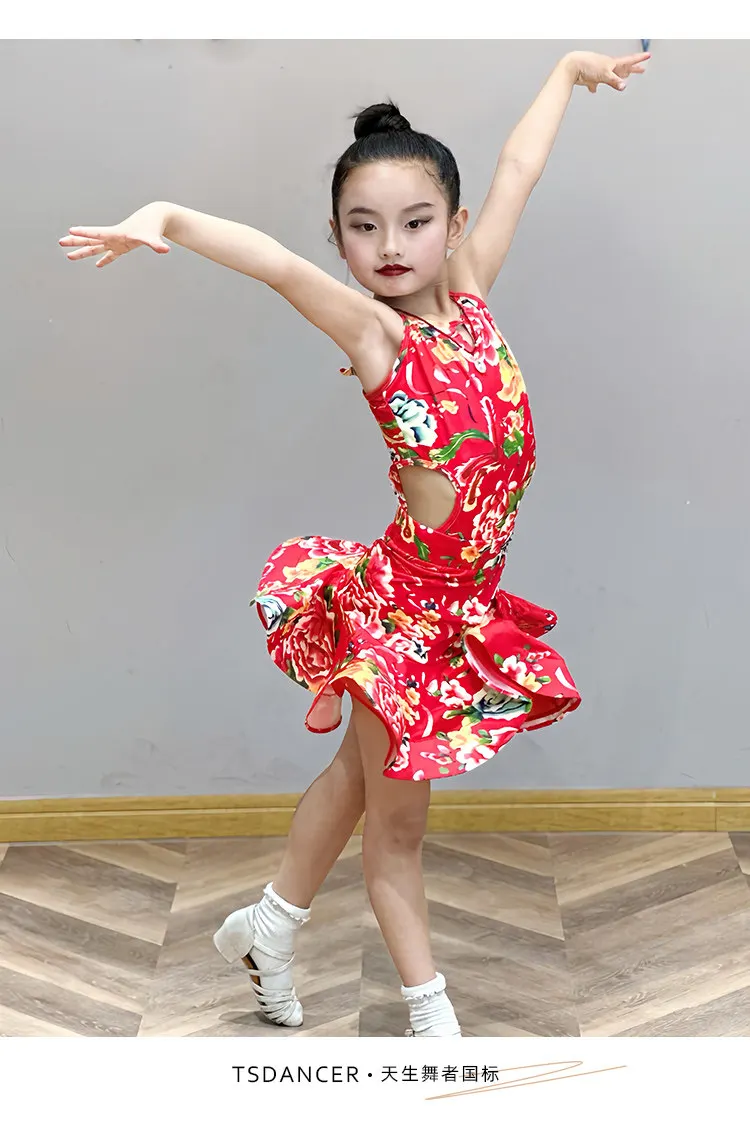 

New style childrens Latin dance outfit for girls Spring/Summer training suit Northeaststyle large flower coat performance outfit