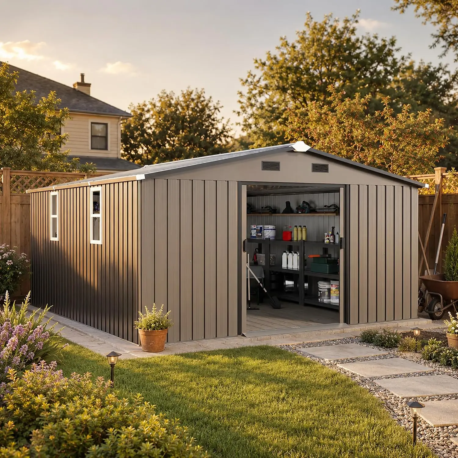 10x12 FT Outdoor Metal Storage Shed Weatherproof Garden Backyard Tool House, Customized - view 2
