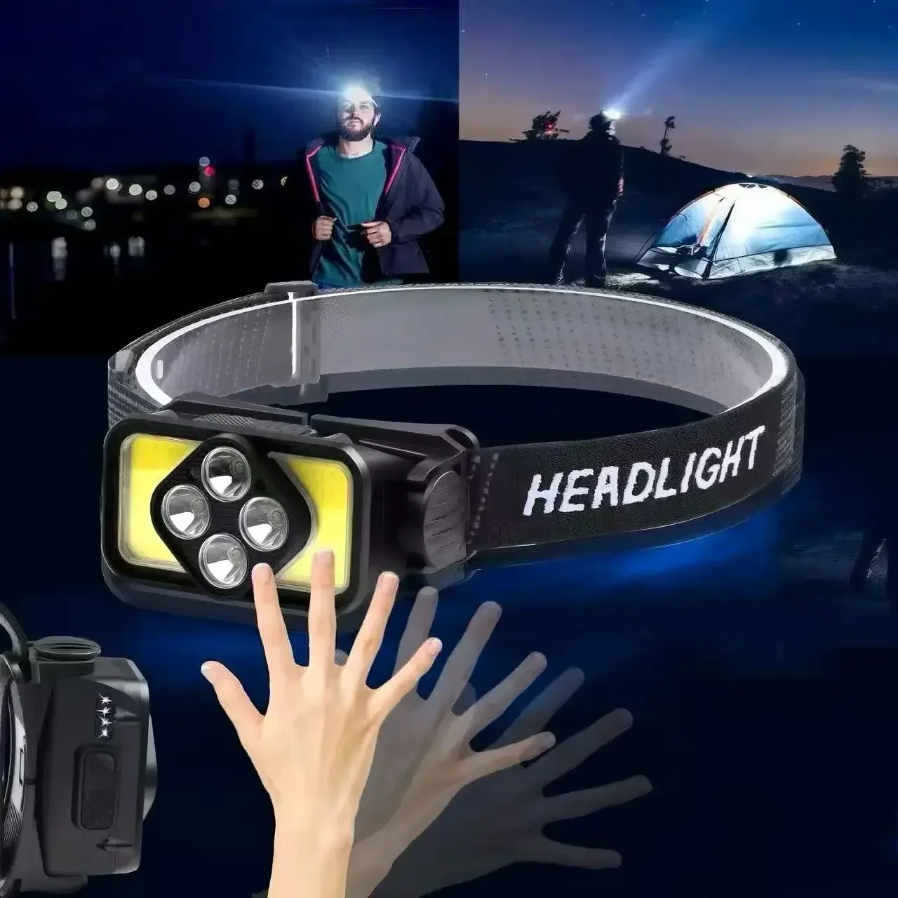 Portable Induction LED Headlamp Hands-free Wave Sensor Headlight Waterproof Outdoor Cycling Fishing Camping Emergency Head Lamp